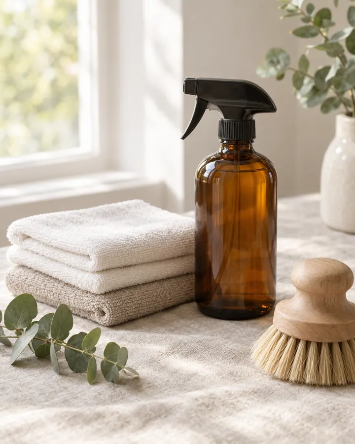 Folded microfiber cloths, an amber spray bottle and a wooden scrub brush on linen