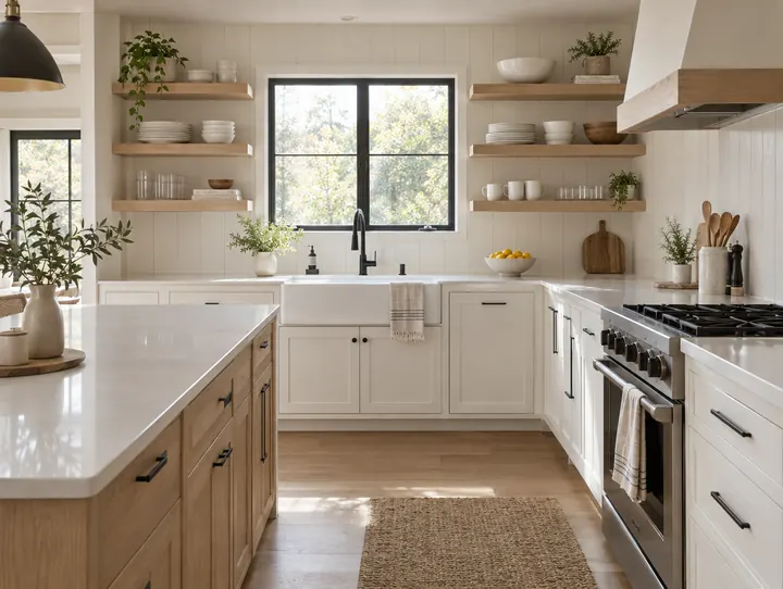 A white farmhouse-style kitchen with open wood shelves and a black-framed window