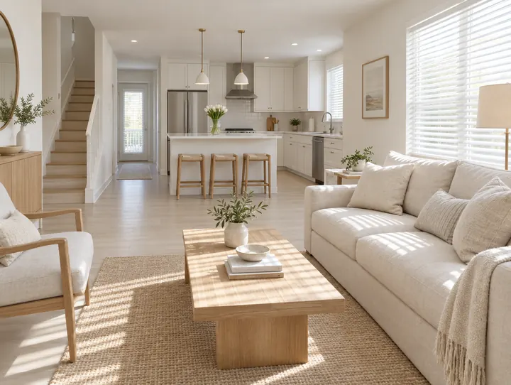 A bright, furnished living room and open kitchen in a townhome-style apartment